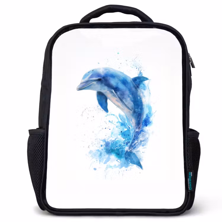 Sac à dos enfant - Noir - Dauphin sautant dans des éclaboussures d'aquarelle — 1