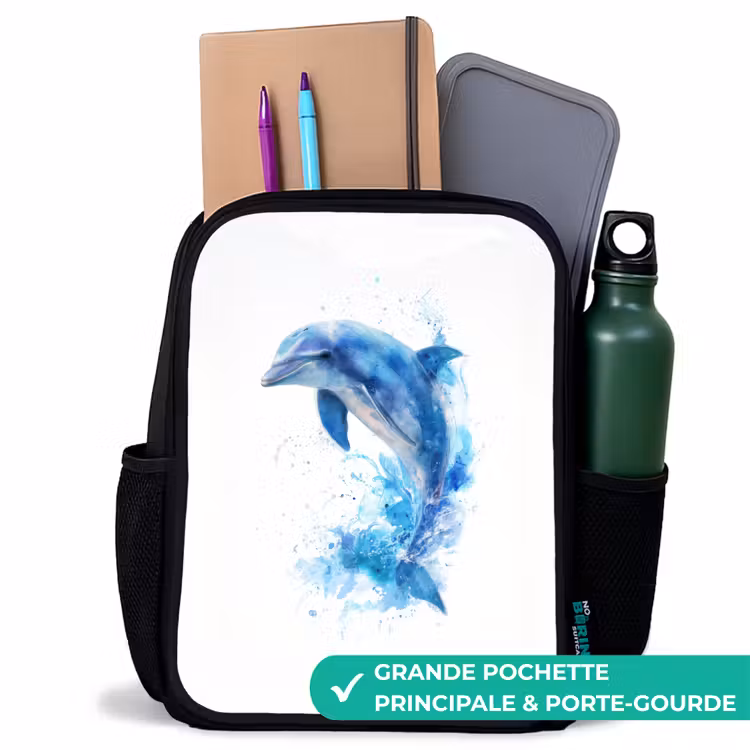 Sac à dos enfant - Noir - Dauphin sautant dans des éclaboussures d'aquarelle — 10