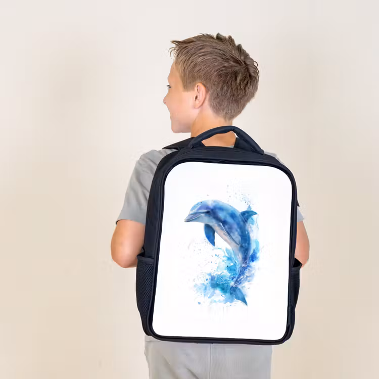 Sac à dos enfant - Noir - Dauphin sautant dans des éclaboussures d'aquarelle — 2