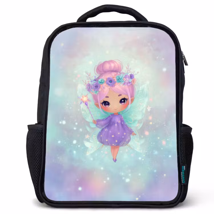 Sac à dos enfant - Noir - Fée de Glinster avec couronne de fleurs et robe étoilée — 1