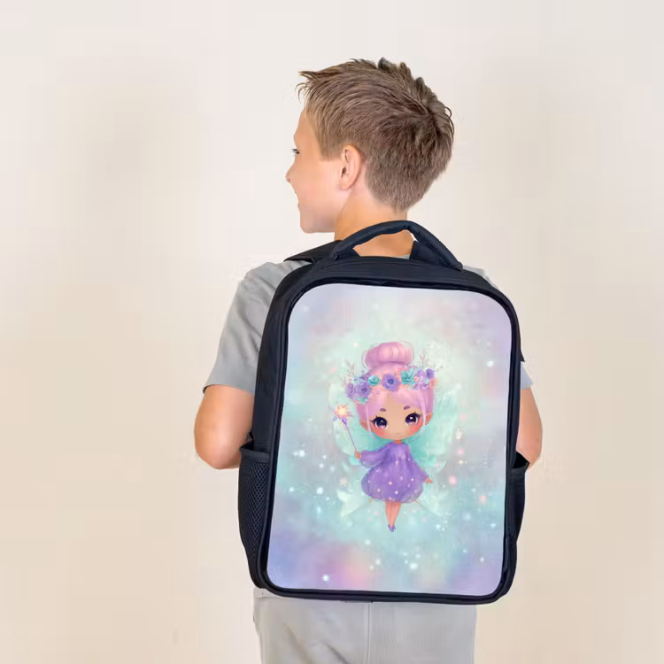 Sac à dos enfant - Noir - Fée de Glinster avec couronne de fleurs et robe étoilée — 2
