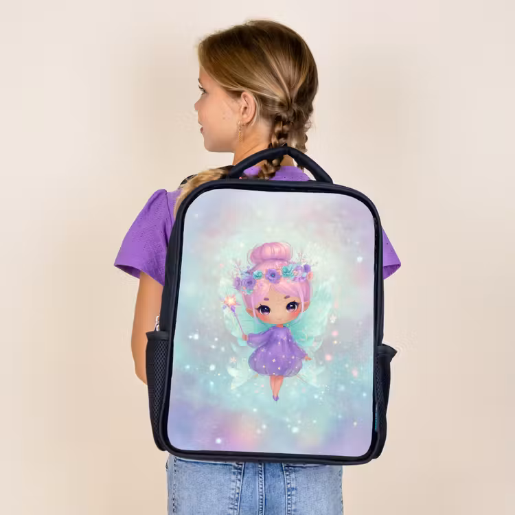 Sac à dos enfant - Noir - Fée de Glinster avec couronne de fleurs et robe étoilée — 4