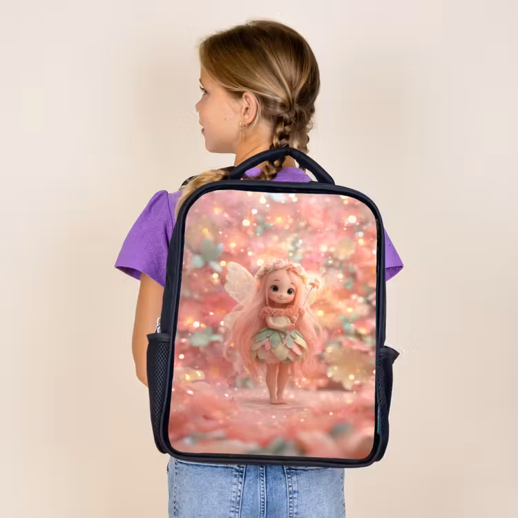 Sac à dos enfant - Noir - Fée des fleurs aux cheveux roses dans un jardin de fleurs étincelant — 4