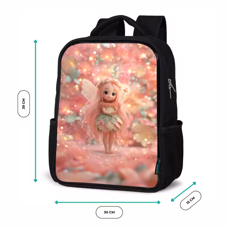 Sac à dos enfant - Noir - Fée des fleurs aux cheveux roses dans un jardin de fleurs étincelant — 8