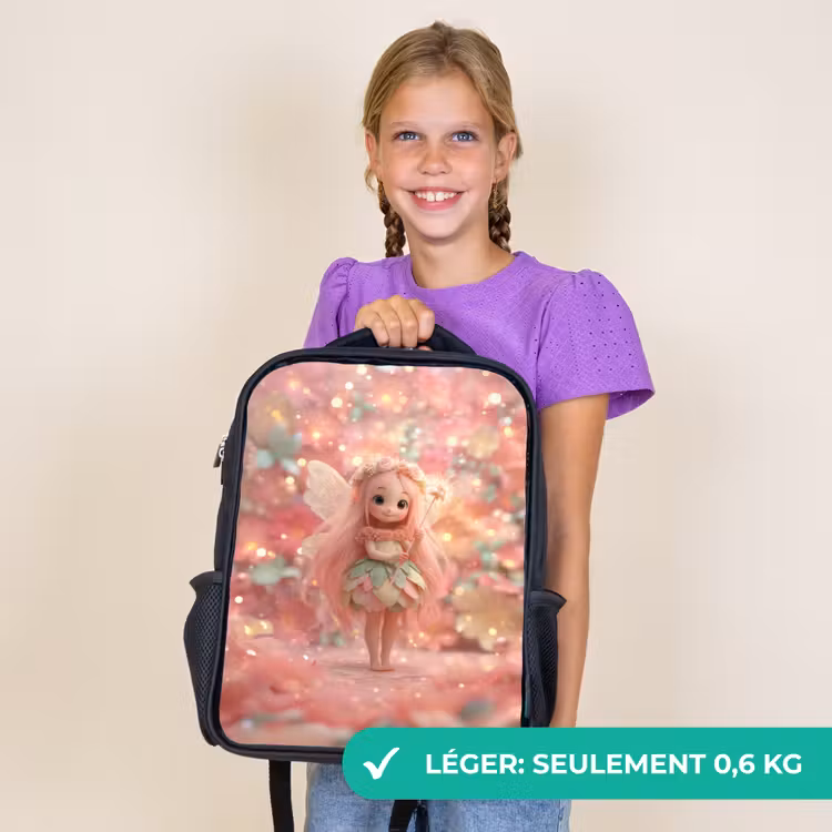 Sac à dos enfant - Noir - Fée des fleurs aux cheveux roses dans un jardin de fleurs étincelant — 9