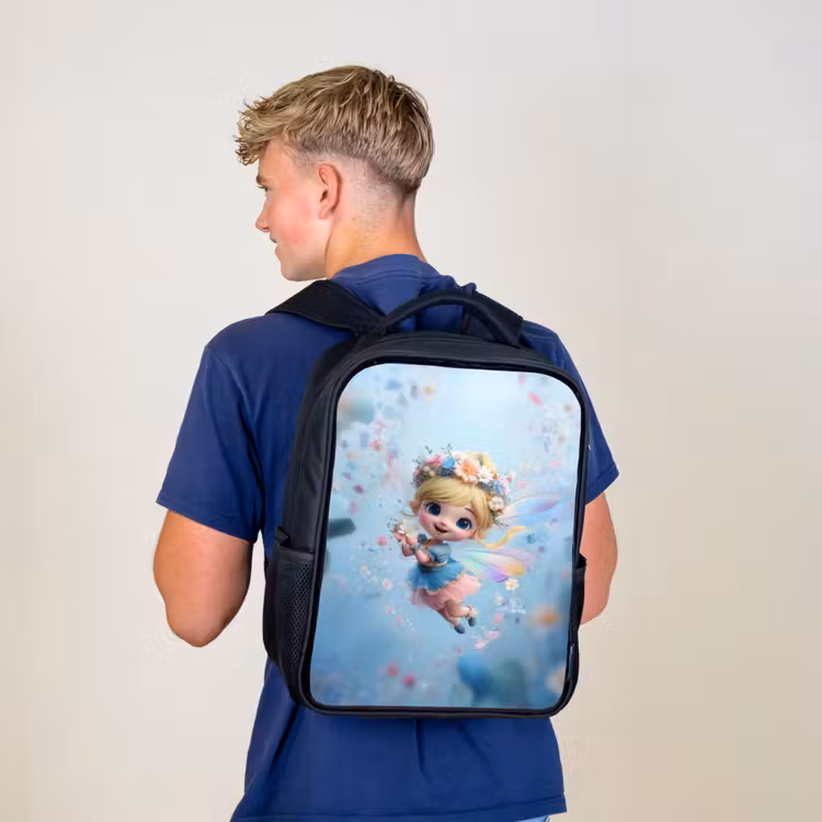 Sac à dos enfant - Noir - Fée fleurie rayonnante flottant dans un ciel floral bleu — 5