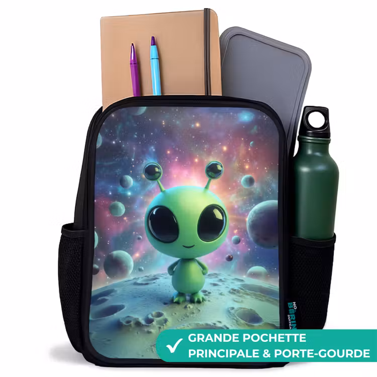Sac à dos enfant - Noir - Figurine extraterrestre verte sur un paysage lunaire avec arrière-plan cosmique — 10
