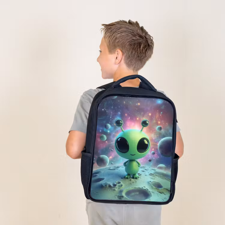 Sac à dos enfant - Noir - Figurine extraterrestre verte sur un paysage lunaire avec arrière-plan cosmique — 2