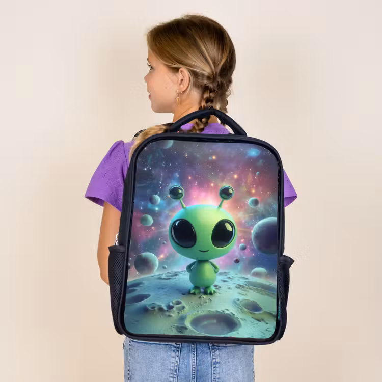 Sac à dos enfant - Noir - Figurine extraterrestre verte sur un paysage lunaire avec arrière-plan cosmique — 4