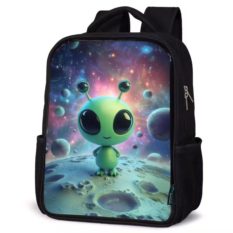 Sac à dos enfant - Noir - Figurine extraterrestre verte sur un paysage lunaire avec arrière-plan cosmique — 6