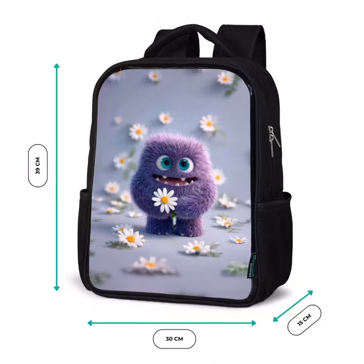 Sac à dos enfant - Noir - Monstre en peluche violet avec marguerite — 8