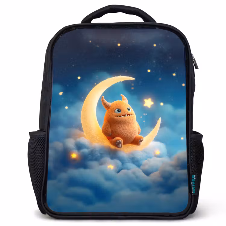 Sac à dos enfant - Noir - Monstre orange en peluche sur une lune scintillante — 1