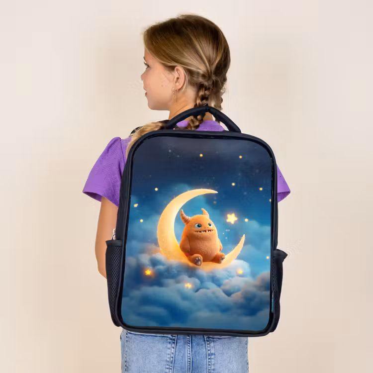 Sac à dos enfant - Noir - Monstre orange en peluche sur une lune scintillante — 4