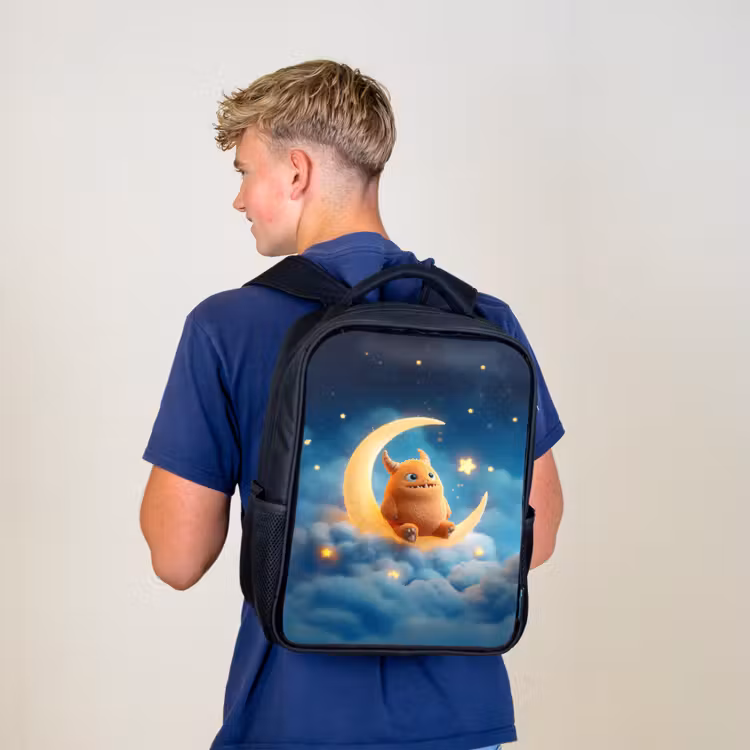 Sac à dos enfant - Noir - Monstre orange en peluche sur une lune scintillante — 5