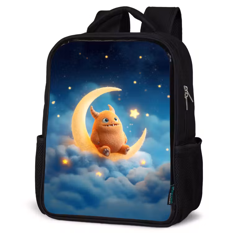 Sac à dos enfant - Noir - Monstre orange en peluche sur une lune scintillante — 6