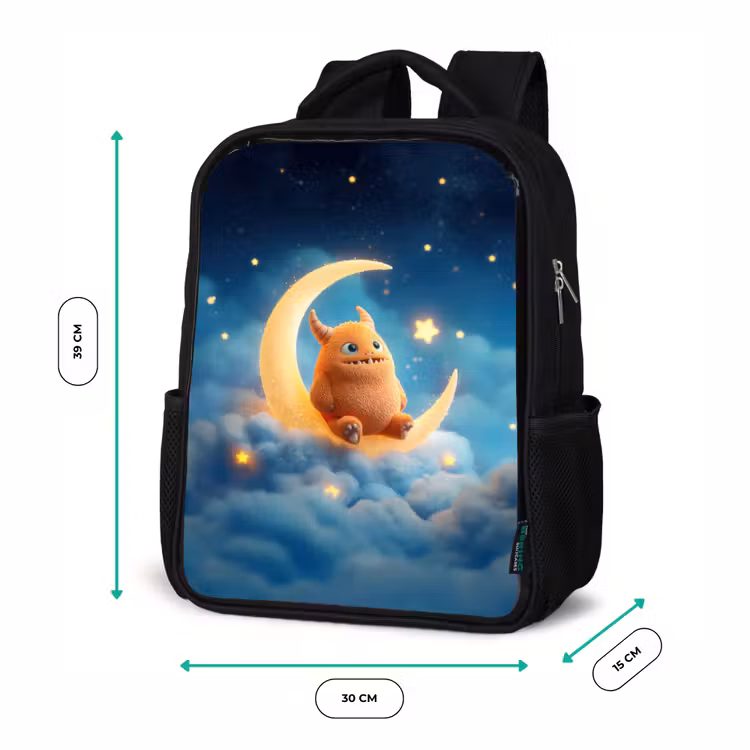 Sac à dos enfant - Noir - Monstre orange en peluche sur une lune scintillante — 8