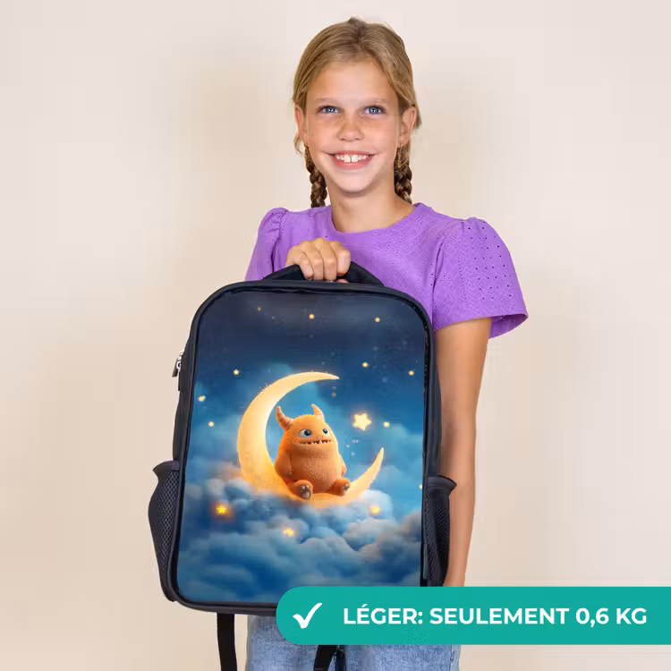 Sac à dos enfant - Noir - Monstre orange en peluche sur une lune scintillante — 9