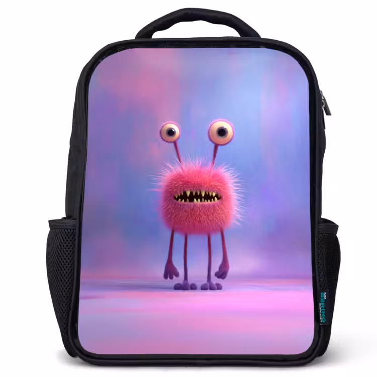 Sac à dos enfant - Noir - Monstre rose duveteux aux yeux perçants et aux dents acérées — 1