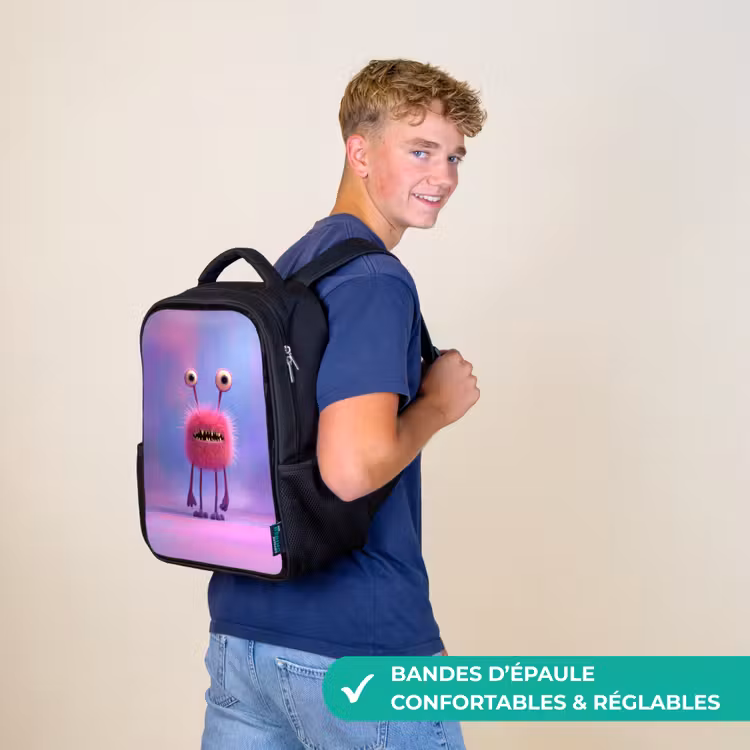 Sac à dos enfant - Noir - Monstre rose duveteux aux yeux perçants et aux dents acérées — 11