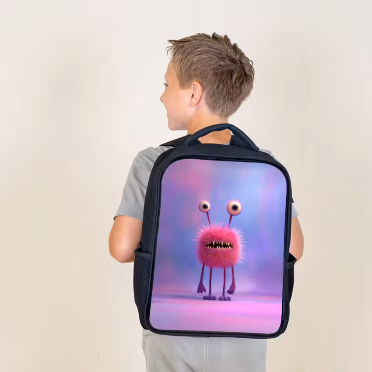 Sac à dos enfant - Noir - Monstre rose duveteux aux yeux perçants et aux dents acérées — 2