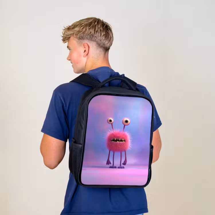 Sac à dos enfant - Noir - Monstre rose duveteux aux yeux perçants et aux dents acérées — 5