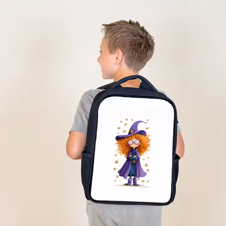Sac à dos enfant - Noir - Petite sorcière aux grosses lunettes et à la cape étoilée — 2