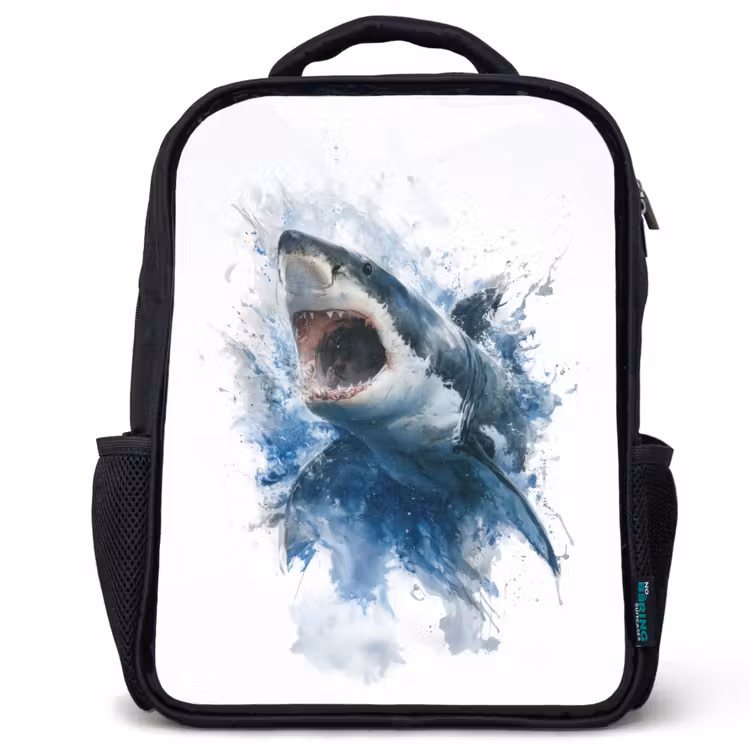 Sac à dos enfant - Noir - Requin protubérant avec bouche ouverte en style aquarelle — 1
