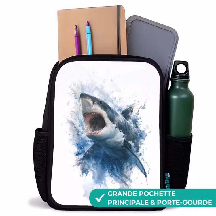 Sac à dos enfant - Noir - Requin protubérant avec bouche ouverte en style aquarelle — 10