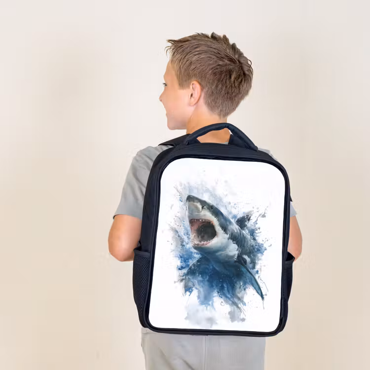 Sac à dos enfant - Noir - Requin protubérant avec bouche ouverte en style aquarelle — 2
