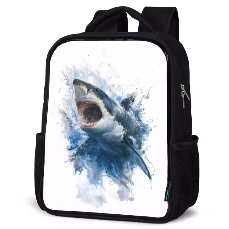 Sac à dos enfant - Noir - Requin protubérant avec bouche ouverte en style aquarelle — 6