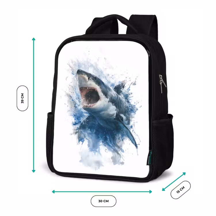 Sac à dos enfant - Noir - Requin protubérant avec bouche ouverte en style aquarelle — 8