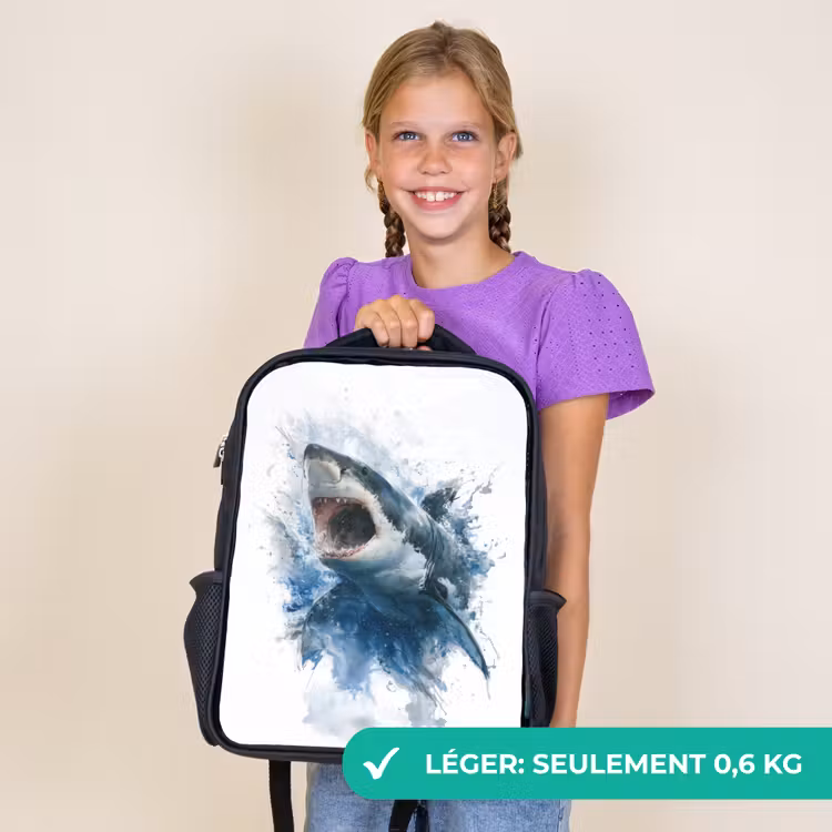 Sac à dos enfant - Noir - Requin protubérant avec bouche ouverte en style aquarelle — 9