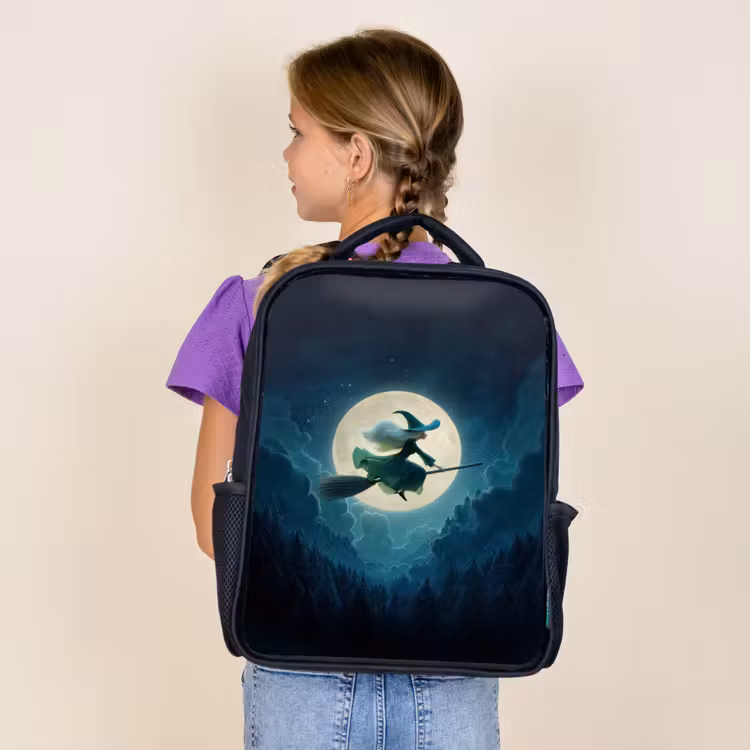 Sac à dos enfant - Noir - Sorcière volante avant la pleine lune au-dessus d'une forêt sombre — 4