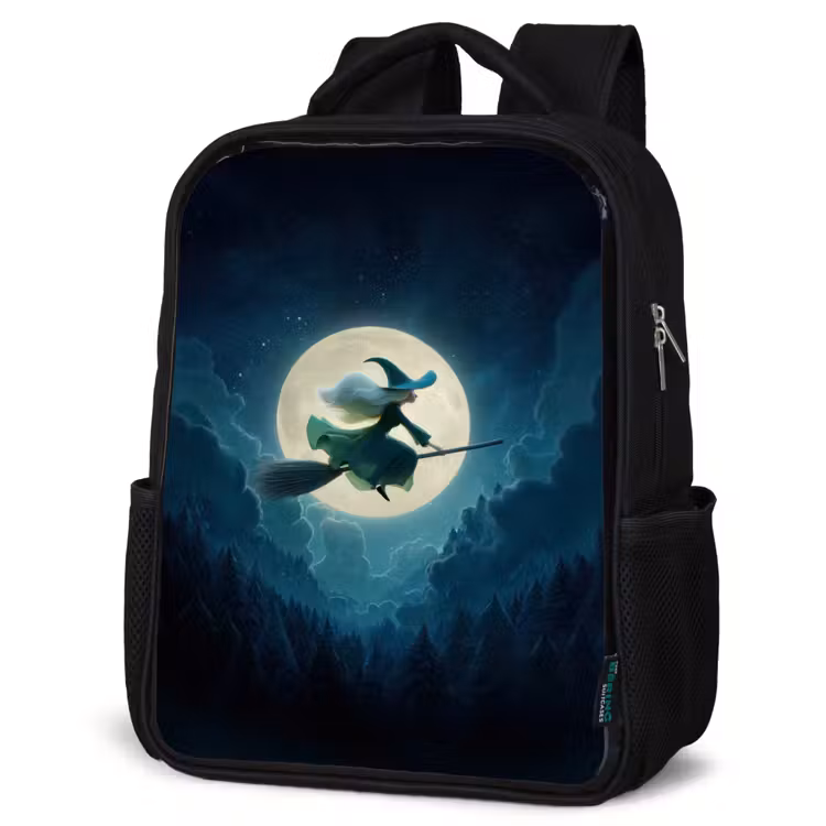 Sac à dos enfant - Noir - Sorcière volante avant la pleine lune au-dessus d'une forêt sombre — 6