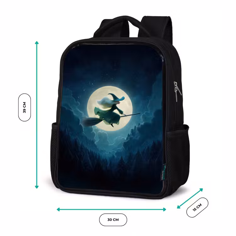 Sac à dos enfant - Noir - Sorcière volante avant la pleine lune au-dessus d'une forêt sombre — 8