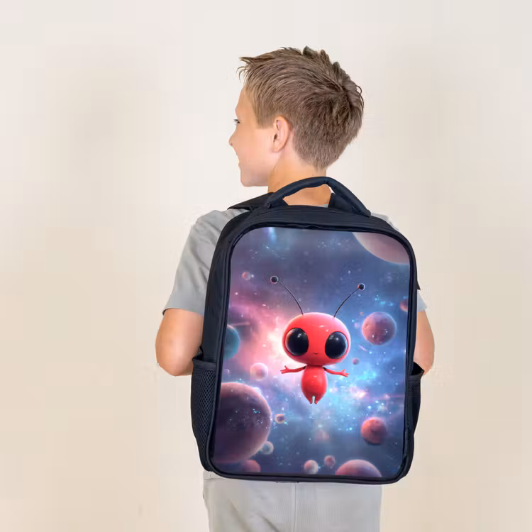 Sac à dos enfant - Noir - Un extraterrestre rouge flottant dans un cosmos coloré — 2