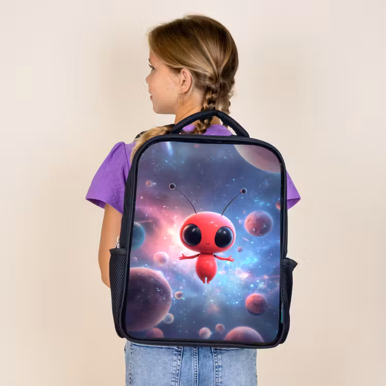 Sac à dos enfant - Noir - Un extraterrestre rouge flottant dans un cosmos coloré — 4