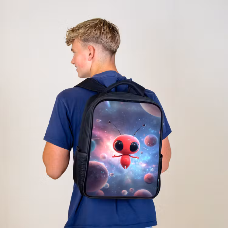 Sac à dos enfant - Noir - Un extraterrestre rouge flottant dans un cosmos coloré — 5