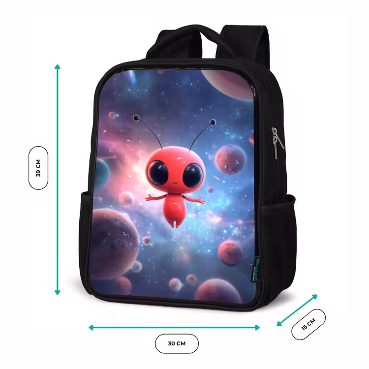 Sac à dos enfant - Noir - Un extraterrestre rouge flottant dans un cosmos coloré — 8