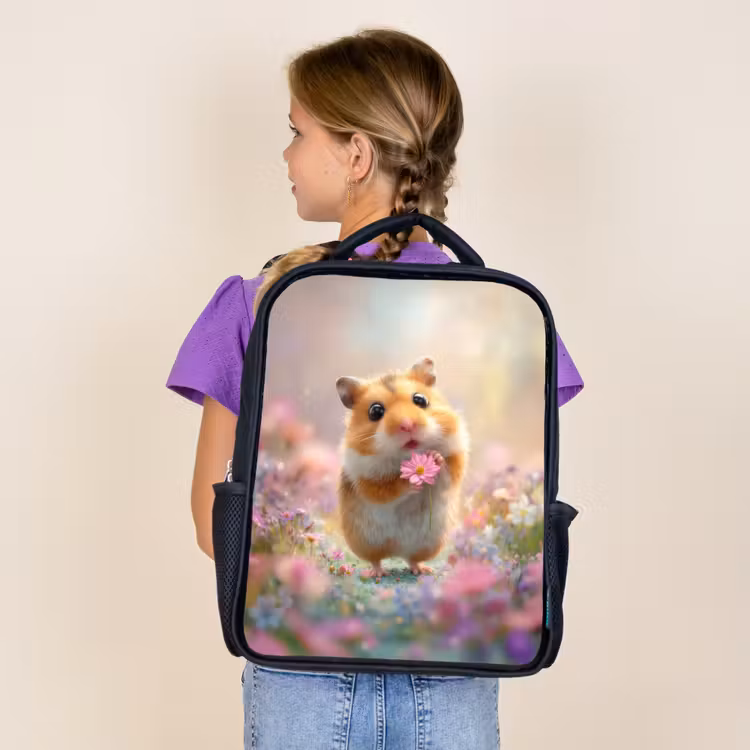 Sac à dos enfant - Noir - L'amour des fleurs dans les yeux du hamster — 4