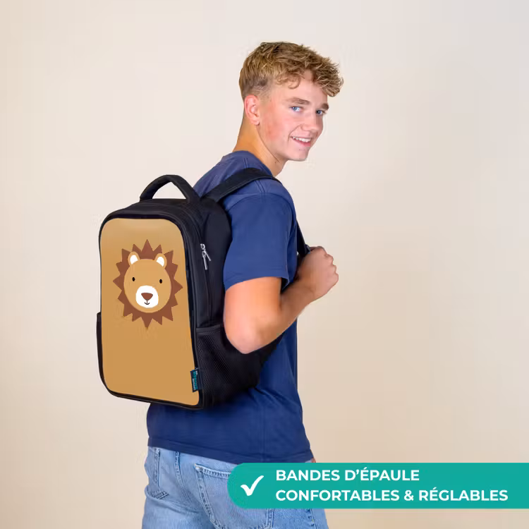 Sac à dos enfant - Noir - Portrait d'animal - Lion - Marron — 11