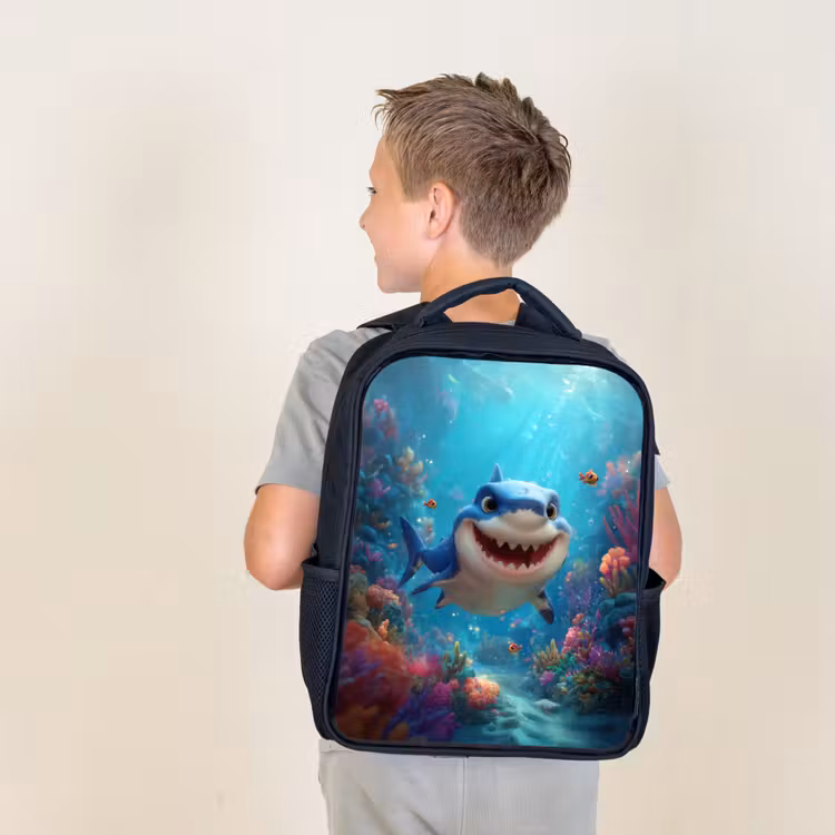 Sac à dos enfant - Noir - Requin heureux au paradis des coraux — 2