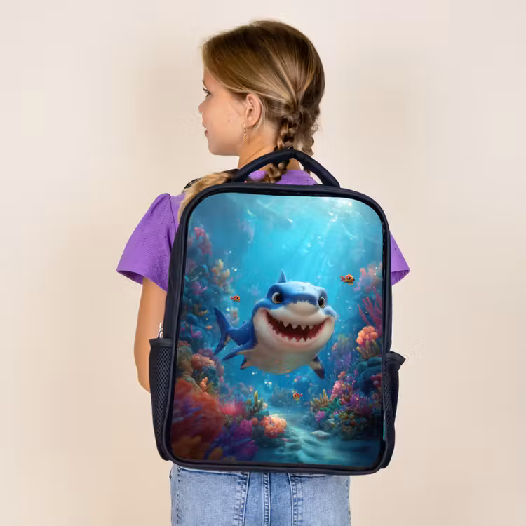 Sac à dos enfant - Noir - Requin heureux au paradis des coraux — 4