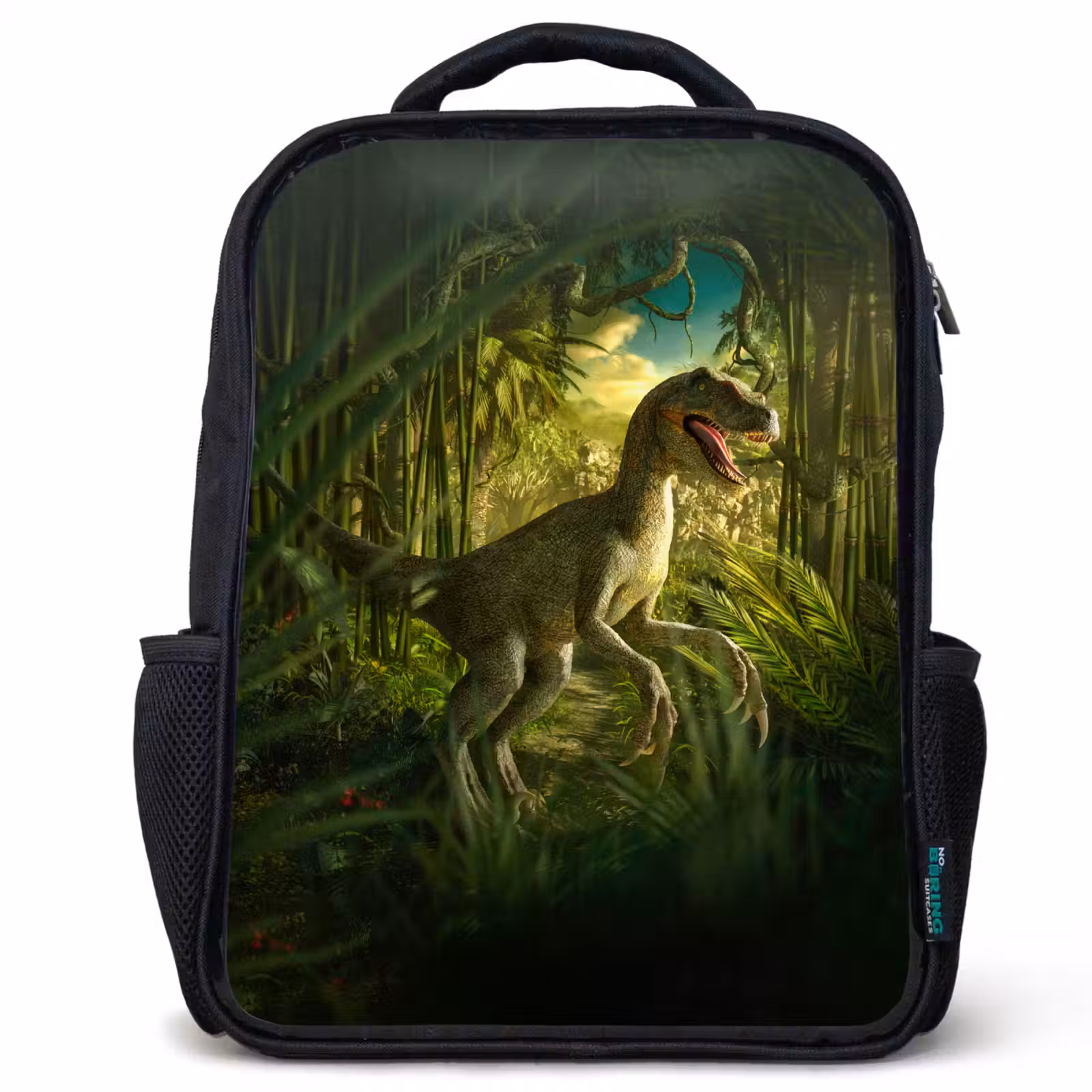Sac à dos enfant - Noir - Dinosaure - Plantes - Vert - Illustration - Enfants - Garçons — 1