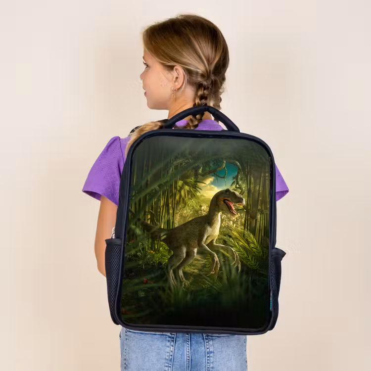 Sac à dos enfant - Noir - Dinosaure - Plantes - Vert - Illustration - Enfants - Garçons — 4