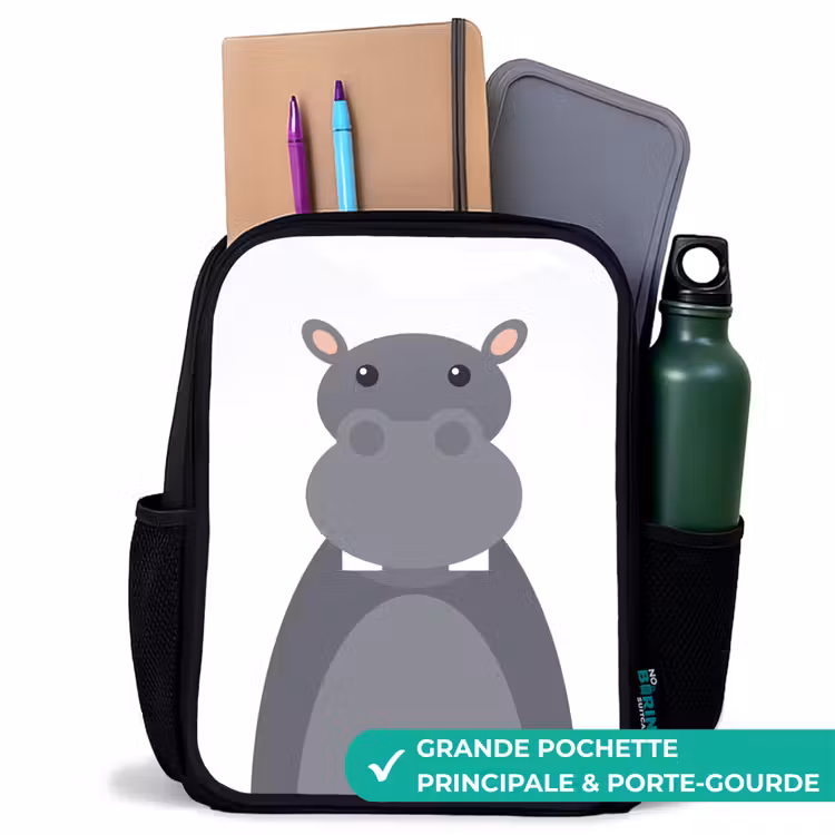 Sac à dos enfant - Noir - Portrait d'animal - Hippo - gris — 10