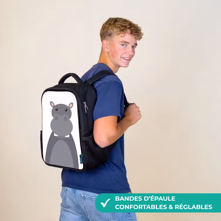 Sac à dos enfant - Noir - Portrait d'animal - Hippo - gris — 11
