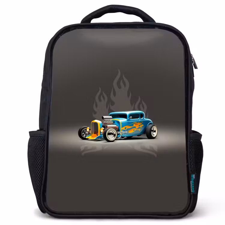 Sac à dos enfant - Noir - Voiture bleue avec flammes grises — 1