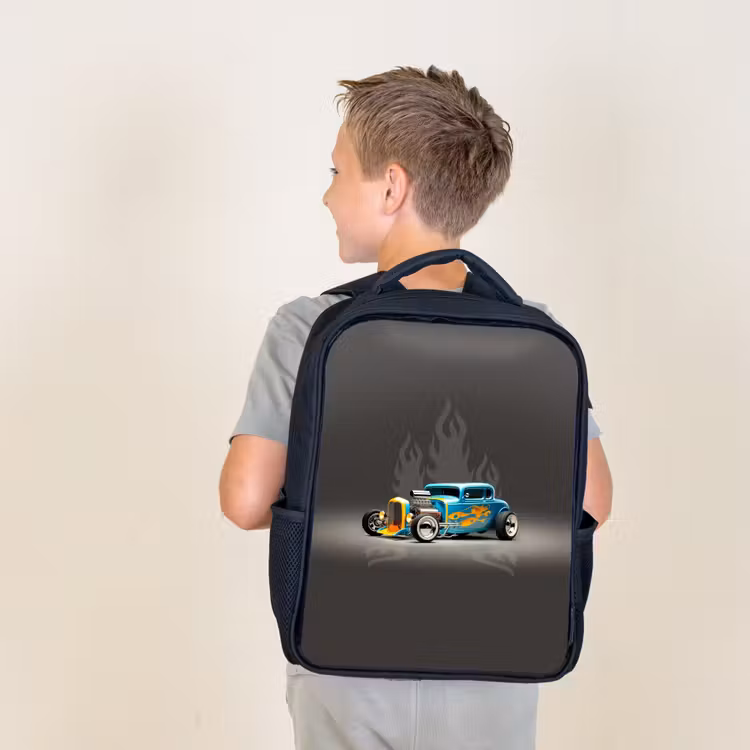 Sac à dos enfant - Noir - Voiture bleue avec flammes grises — 2