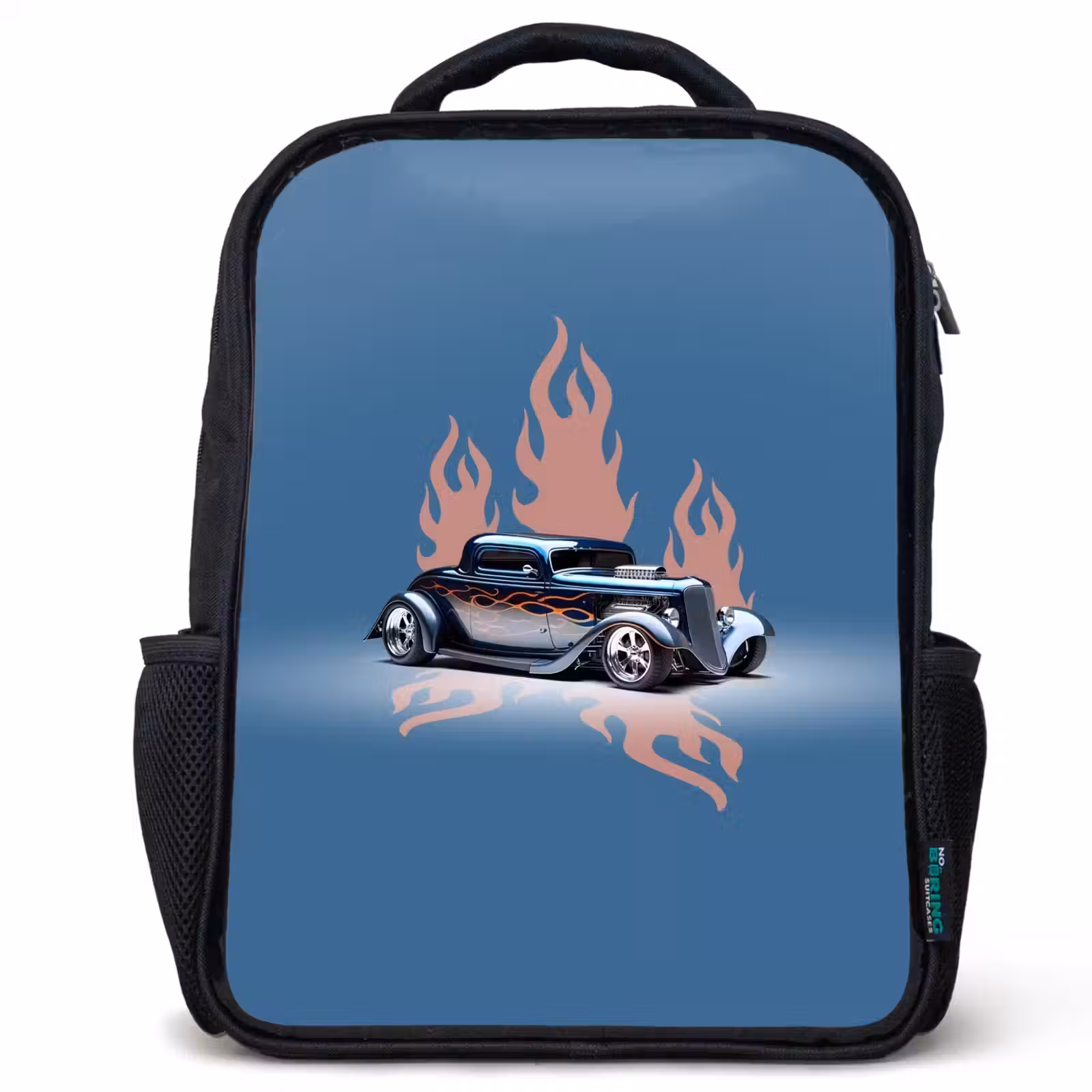 Sac à dos enfant - Noir - Voiture bleue avec flammes roses — 1